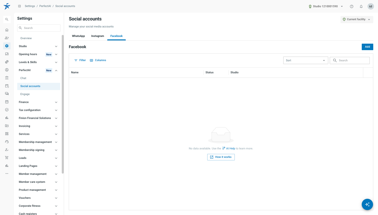Social accounts page with the Facebook tab and the Add button.